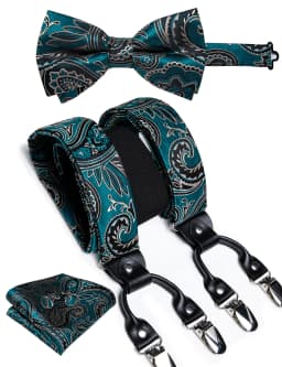 Fashion Men's Adjustable Suspenders Orange Paisley Pre-tied Bowtie Pocket Square Cufflinks Set for Wedding Party Business