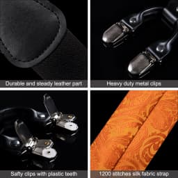 Fashion Men's Adjustable Suspenders Orange Paisley Pre-tied Bowtie Pocket Square Cufflinks Set for Wedding Party Business