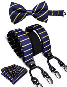 Fashion Men's Adjustable Suspenders Orange Paisley Pre-tied Bowtie Pocket Square Cufflinks Set for Wedding Party Business