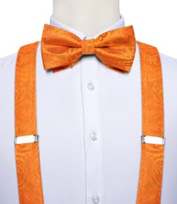 Fashion Men's Adjustable Suspenders Orange Paisley Pre-tied Bowtie Pocket Square Cufflinks Set for Wedding Party Business