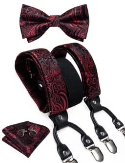 Fashion Men's Adjustable Suspenders Orange Paisley Pre-tied Bowtie Pocket Square Cufflinks Set for Wedding Party Business