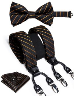 Fashion Men's Adjustable Suspenders Orange Paisley Pre-tied Bowtie Pocket Square Cufflinks Set for Wedding Party Business