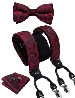 Fashion Men's Adjustable Suspenders Orange Paisley Pre-tied Bowtie Pocket Square Cufflinks Set for Wedding Party Business