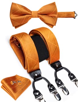 Fashion Men's Adjustable Suspenders Orange Paisley Pre-tied Bowtie Pocket Square Cufflinks Set for Wedding Party Business