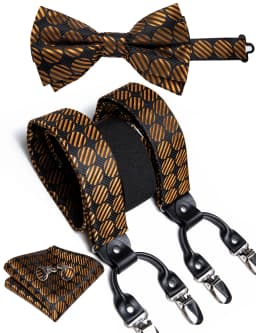 Fashion Men's Adjustable Suspenders Orange Paisley Pre-tied Bowtie Pocket Square Cufflinks Set for Wedding Party Business