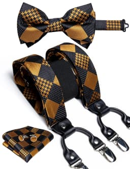 Fashion Men's Adjustable Suspenders Orange Paisley Pre-tied Bowtie Pocket Square Cufflinks Set for Wedding Party Business