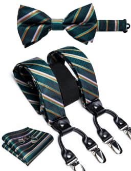 Fashion Men's Adjustable Suspenders Orange Paisley Pre-tied Bowtie Pocket Square Cufflinks Set for Wedding Party Business