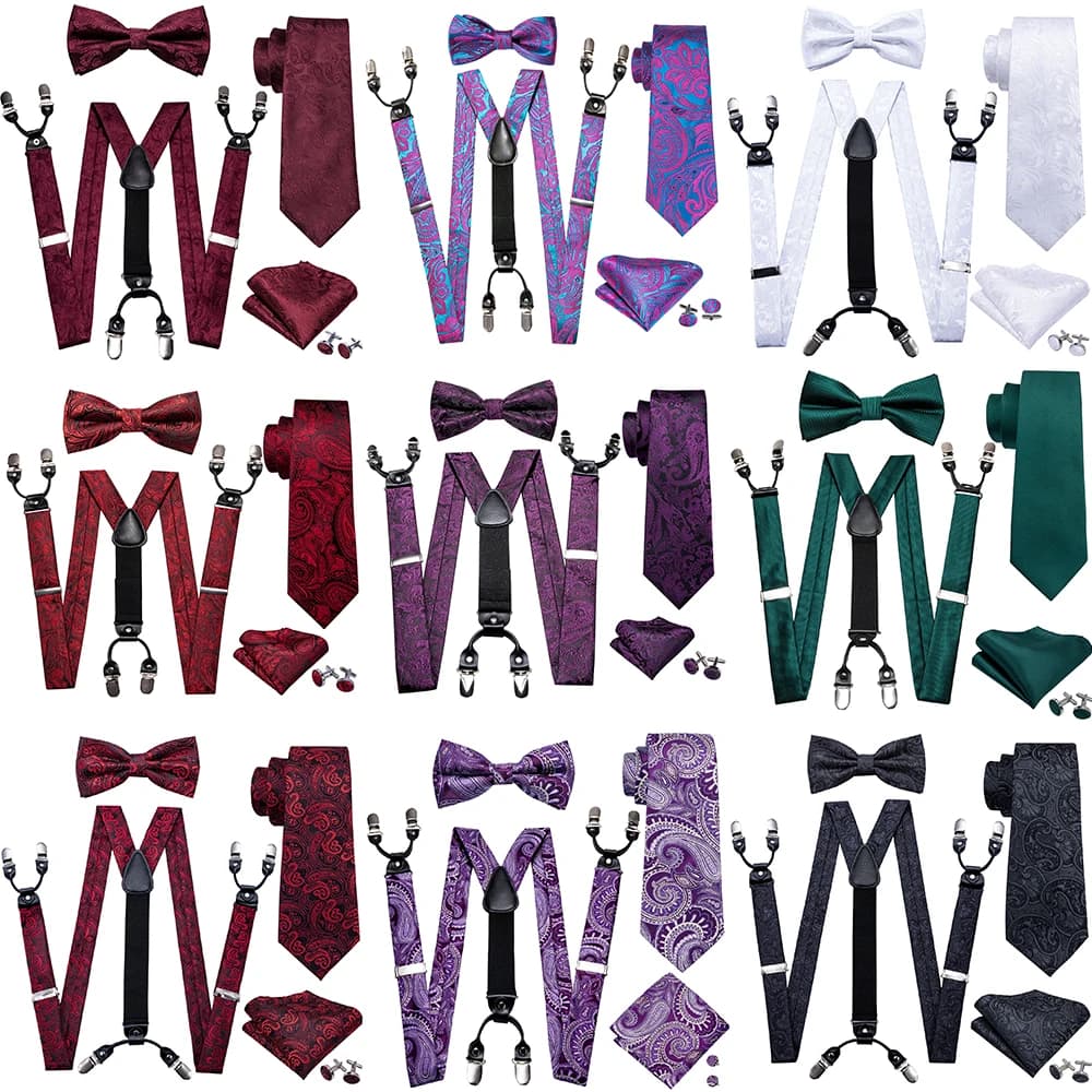 Fashion Men's Suspenders Adult Paisley Bowtie Handkerchief Cufflinks Necktie Sets Male Wedding Party Vintage Elastic Adjust