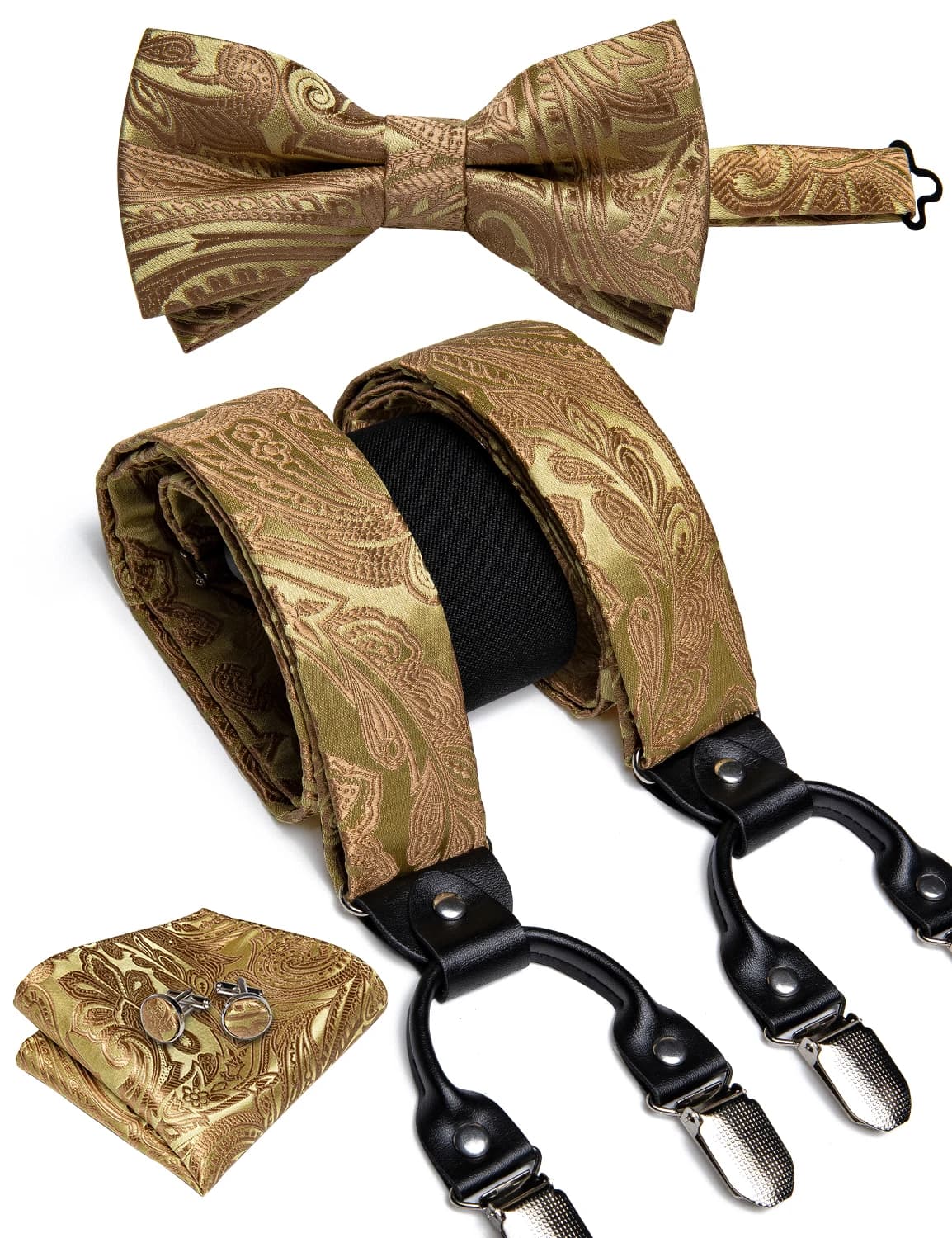 Elegant Gold Paisley Suspenders Men Real Leather Metal 6 Clips Braces Elastic Suspenders Trouser Straps Men's Gift