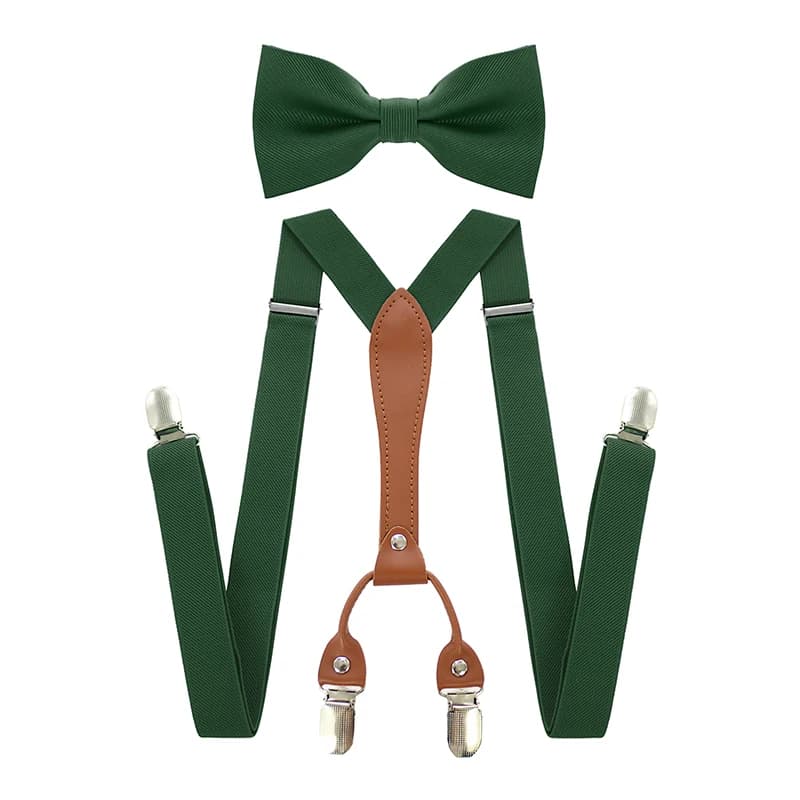 Adjustable Elasticated Y Shape Men Suspenders Bowtie Set Black Elastic Clip-on Braces Belt with Leather Suit Business Wedding