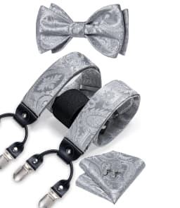 Adjustable Slive Paisley Suspender Self-tie Bowtie Pocket Square Cufflinks Set Luxury 6 Clips Mental Elastic Classic straps