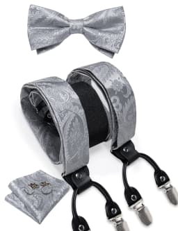 Men's Black Adjustable Suspenders Pre-tied Bowtie Pocket Sqaure Cufflinks Fashion 6 Mental Clips Jacquard Paisley Strapes