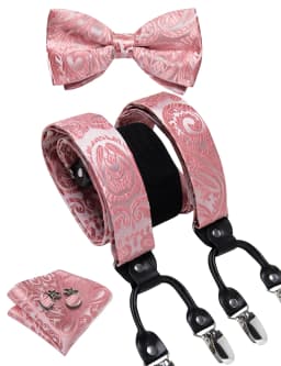Men's Black Adjustable Suspenders Pre-tied Bowtie Pocket Sqaure Cufflinks Fashion 6 Mental Clips Jacquard Paisley Strapes