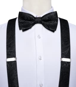 Men's Black Adjustable Suspenders Pre-tied Bowtie Pocket Sqaure Cufflinks Fashion 6 Mental Clips Jacquard Paisley Strapes