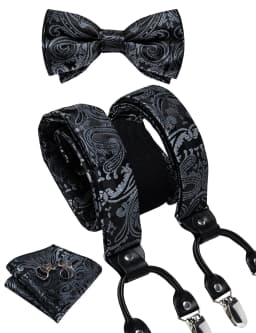Men's Black Adjustable Suspenders Pre-tied Bowtie Pocket Sqaure Cufflinks Fashion 6 Mental Clips Jacquard Paisley Strapes