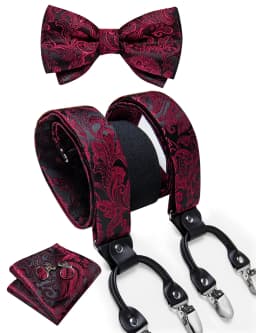 Men's Black Adjustable Suspenders Pre-tied Bowtie Pocket Sqaure Cufflinks Fashion 6 Mental Clips Jacquard Paisley Strapes