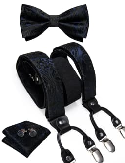 Men's Black Adjustable Suspenders Pre-tied Bowtie Pocket Sqaure Cufflinks Fashion 6 Mental Clips Jacquard Paisley Strapes