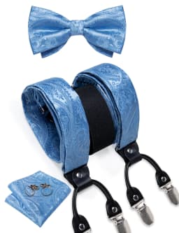 Men's Black Adjustable Suspenders Pre-tied Bowtie Pocket Sqaure Cufflinks Fashion 6 Mental Clips Jacquard Paisley Strapes