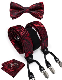 Men's Black Adjustable Suspenders Pre-tied Bowtie Pocket Sqaure Cufflinks Fashion 6 Mental Clips Jacquard Paisley Strapes