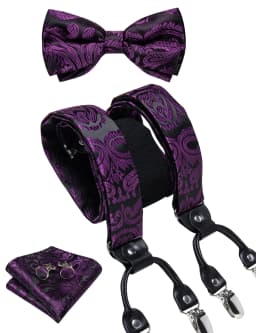 Men's Black Adjustable Suspenders Pre-tied Bowtie Pocket Sqaure Cufflinks Fashion 6 Mental Clips Jacquard Paisley Strapes