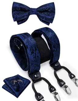 Men's Black Adjustable Suspenders Pre-tied Bowtie Pocket Sqaure Cufflinks Fashion 6 Mental Clips Jacquard Paisley Strapes