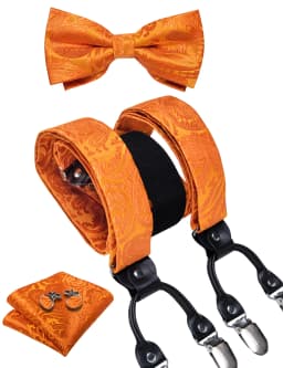 Men's Black Adjustable Suspenders Pre-tied Bowtie Pocket Sqaure Cufflinks Fashion 6 Mental Clips Jacquard Paisley Strapes
