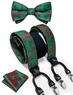 Men's Black Adjustable Suspenders Pre-tied Bowtie Pocket Sqaure Cufflinks Fashion 6 Mental Clips Jacquard Paisley Strapes