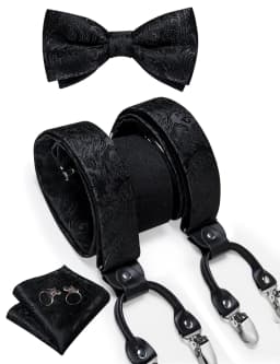 Men's Black Adjustable Suspenders Pre-tied Bowtie Pocket Sqaure Cufflinks Fashion 6 Mental Clips Jacquard Paisley Strapes