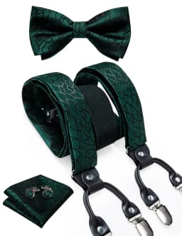 Men's Black Adjustable Suspenders Pre-tied Bowtie Pocket Sqaure Cufflinks Fashion 6 Mental Clips Jacquard Paisley Strapes