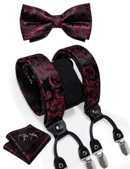 Men's Black Adjustable Suspenders Pre-tied Bowtie Pocket Sqaure Cufflinks Fashion 6 Mental Clips Jacquard Paisley Strapes