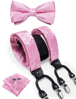 Men's Black Adjustable Suspenders Pre-tied Bowtie Pocket Sqaure Cufflinks Fashion 6 Mental Clips Jacquard Paisley Strapes