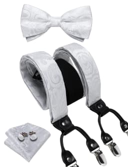 Men's Black Adjustable Suspenders Pre-tied Bowtie Pocket Sqaure Cufflinks Fashion 6 Mental Clips Jacquard Paisley Strapes