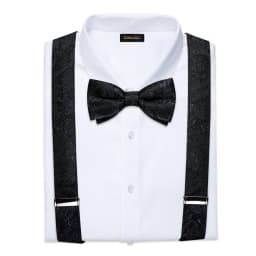 Men's Black Adjustable Suspenders Pre-tied Bowtie Pocket Sqaure Cufflinks Fashion 6 Mental Clips Jacquard Paisley Strapes