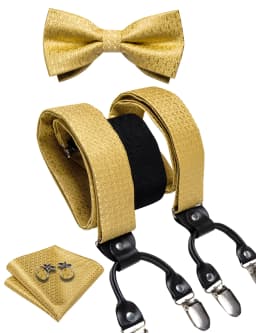Men's Black Adjustable Suspenders Pre-tied Bowtie Pocket Sqaure Cufflinks Fashion 6 Mental Clips Jacquard Paisley Strapes
