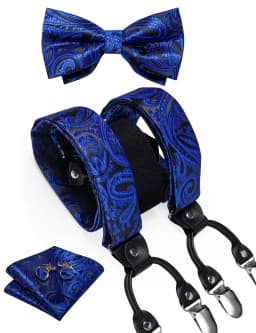 Men's Black Adjustable Suspenders Pre-tied Bowtie Pocket Sqaure Cufflinks Fashion 6 Mental Clips Jacquard Paisley Strapes