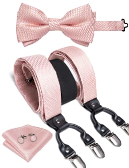 Men's Black Adjustable Suspenders Pre-tied Bowtie Pocket Sqaure Cufflinks Fashion 6 Mental Clips Jacquard Paisley Strapes