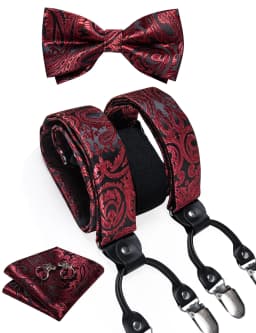 Men's Black Adjustable Suspenders Pre-tied Bowtie Pocket Sqaure Cufflinks Fashion 6 Mental Clips Jacquard Paisley Strapes