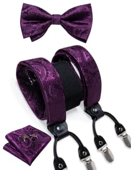 Men's Black Adjustable Suspenders Pre-tied Bowtie Pocket Sqaure Cufflinks Fashion 6 Mental Clips Jacquard Paisley Strapes