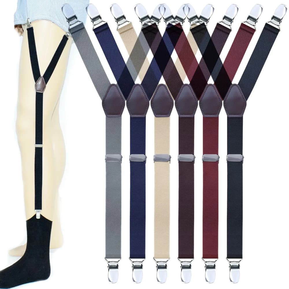 1 Pair Men's Shirt Holders Stays Y-Shaped Adjustable Elastic Leg Suspenders Straps Non-slip 3 Metal Clips Sock Garter Clamps