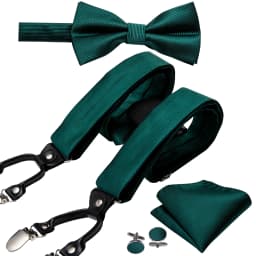 Fashion Paisley Green Silk Men Suspender Bowtie Handkerchief Cufflinks Set Y-Shape 6 Clips Party Wedding Business Barry.Wang