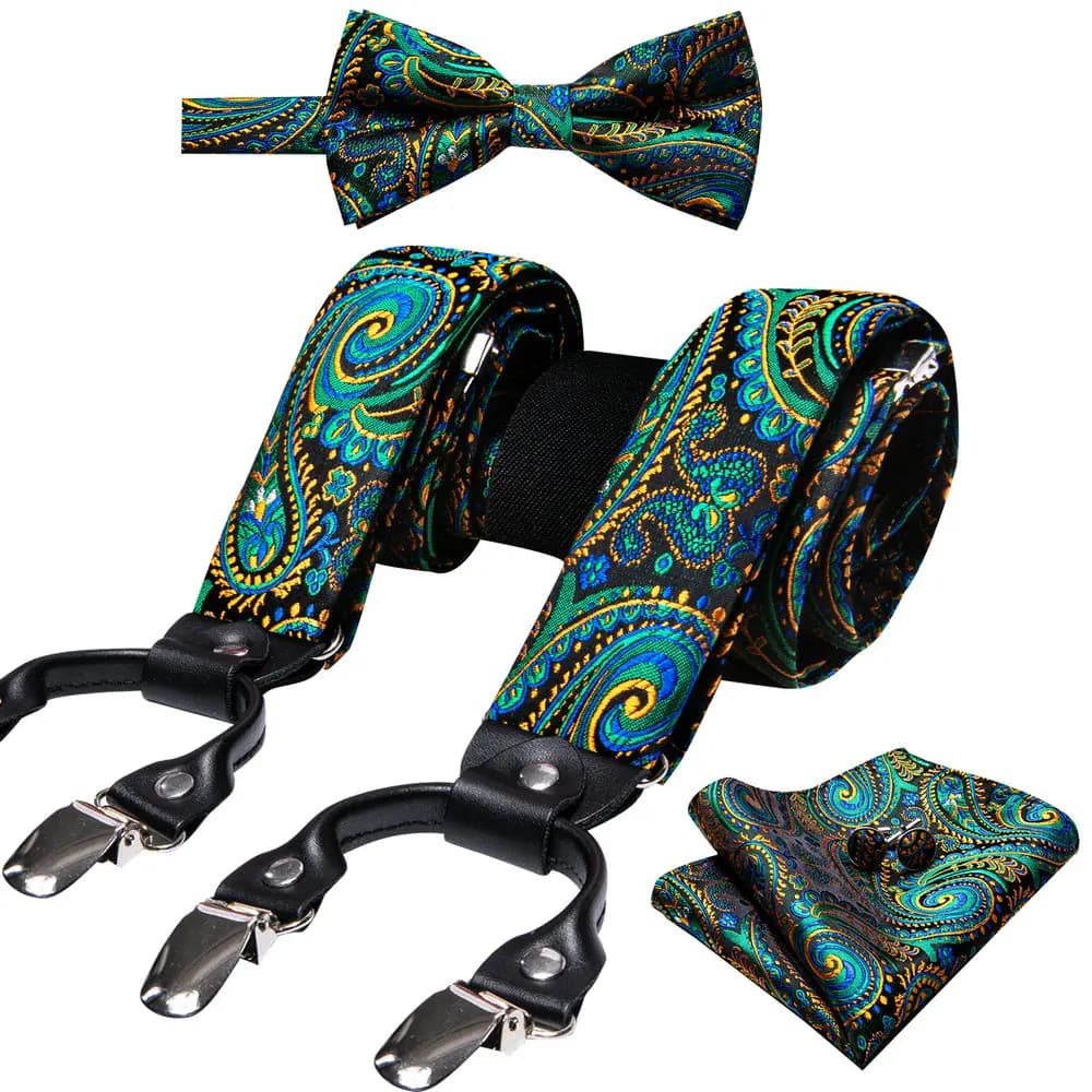 Fashion Paisley Green Silk Men Suspender Bowtie Handkerchief Cufflinks Set Y-Shape 6 Clips Party Wedding Business Barry.Wang