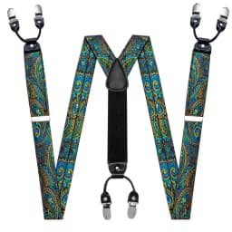 Fashion Paisley Green Silk Men Suspender Bowtie Handkerchief Cufflinks Set Y-Shape 6 Clips Party Wedding Business Barry.Wang