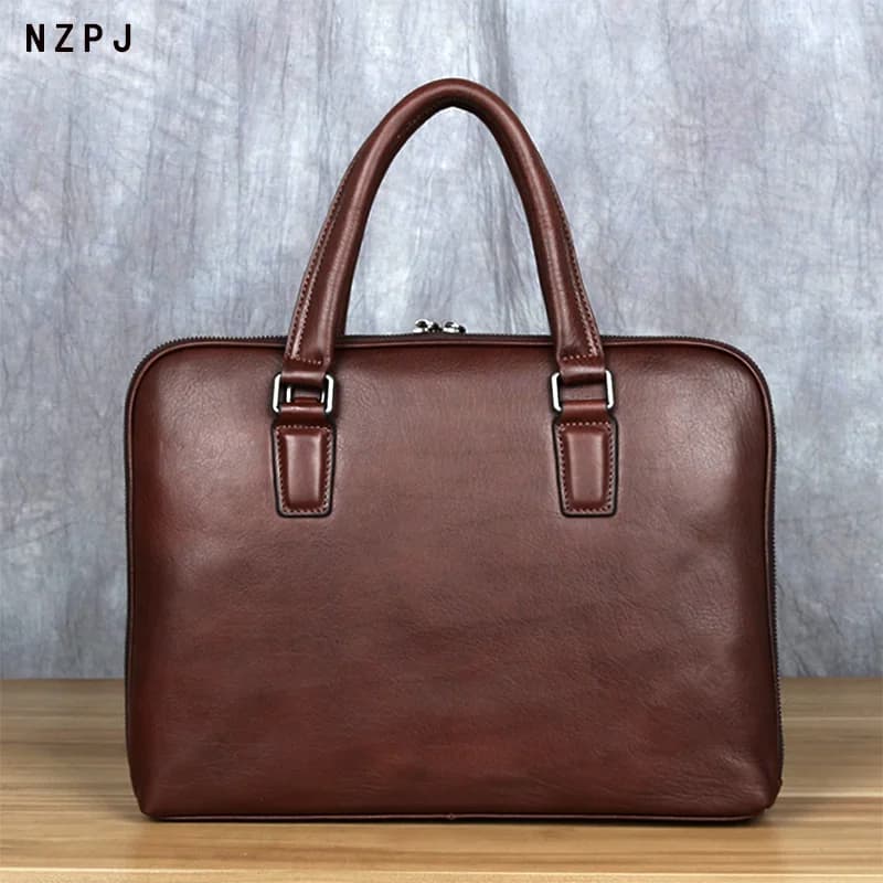 Vintage Men's Briefcase Top Layer Cowhide Casual Handbag Leather Business Shoulder Messenger Bag Brown 14 Inch Laptop Bag NZPJ