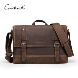 CONTACT'S crazy horse genuine leather men's bag vintage man shoulder bags for laptop messenger bags male bolsa crossbody handbag