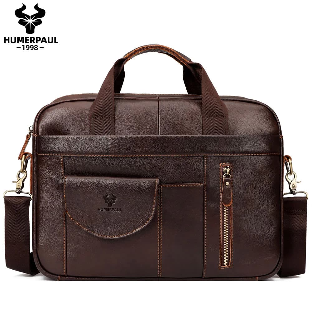 HUMERPAUL Men's Briefcase Bag Top Layer Leather Handcrafted Laptop Bag with Multiple Compartments Business Shoulder Messenger