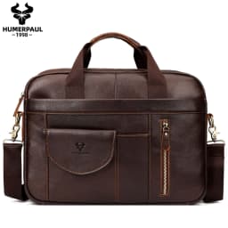 HUMERPAUL Men's Briefcase Bag Top Layer Leather Handcrafted Laptop Bag with Multiple Compartments Business Shoulder Messenger