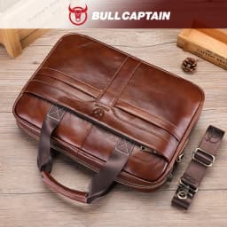 BULLCAPTAIN Leather Laptop Bag, Top Layer Leather 15' Laptop Bag Men's Laptop Briefcase Work Business Travel Bag 053
