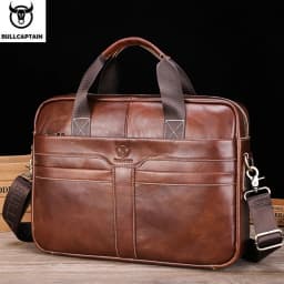 BULLCAPTAIN Leather Laptop Bag, Top Layer Leather 15' Laptop Bag Men's Laptop Briefcase Work Business Travel Bag 053