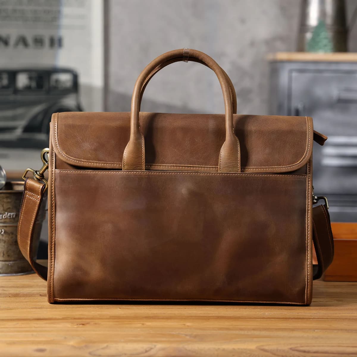 Vintage Men's Genuine Leather Briefcase 14' Laptop Bag, Messenger Bags For Work Business Crazy Horse Cowhide Handbag