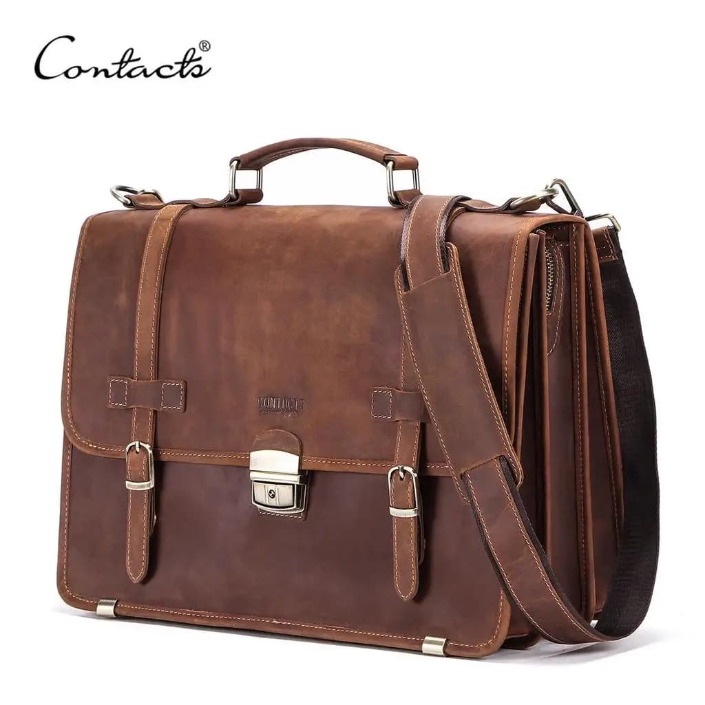 CONTACT'S Men's Bag Crazy Horse Leather Briefcase Men Business Bag For 14" Laptop Quality Leather Shoulder Messenger Bags Male